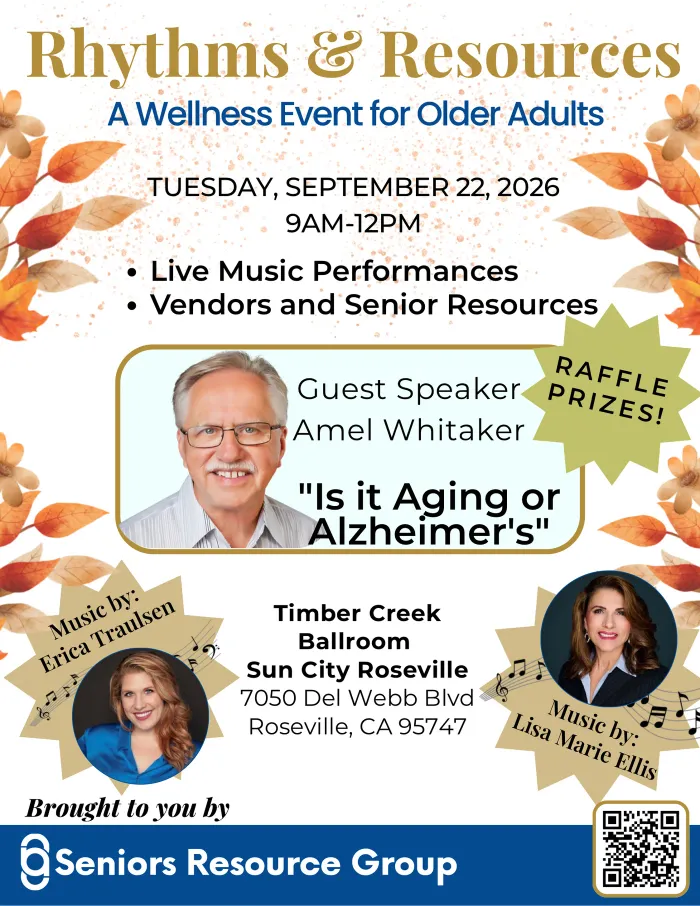 Rhythms & Resources event flyer: a wellness event for older adults, Tuesday September 22, 2026, 9AM to 12PM at Timber Creek Ballroom, Sun City Roseville